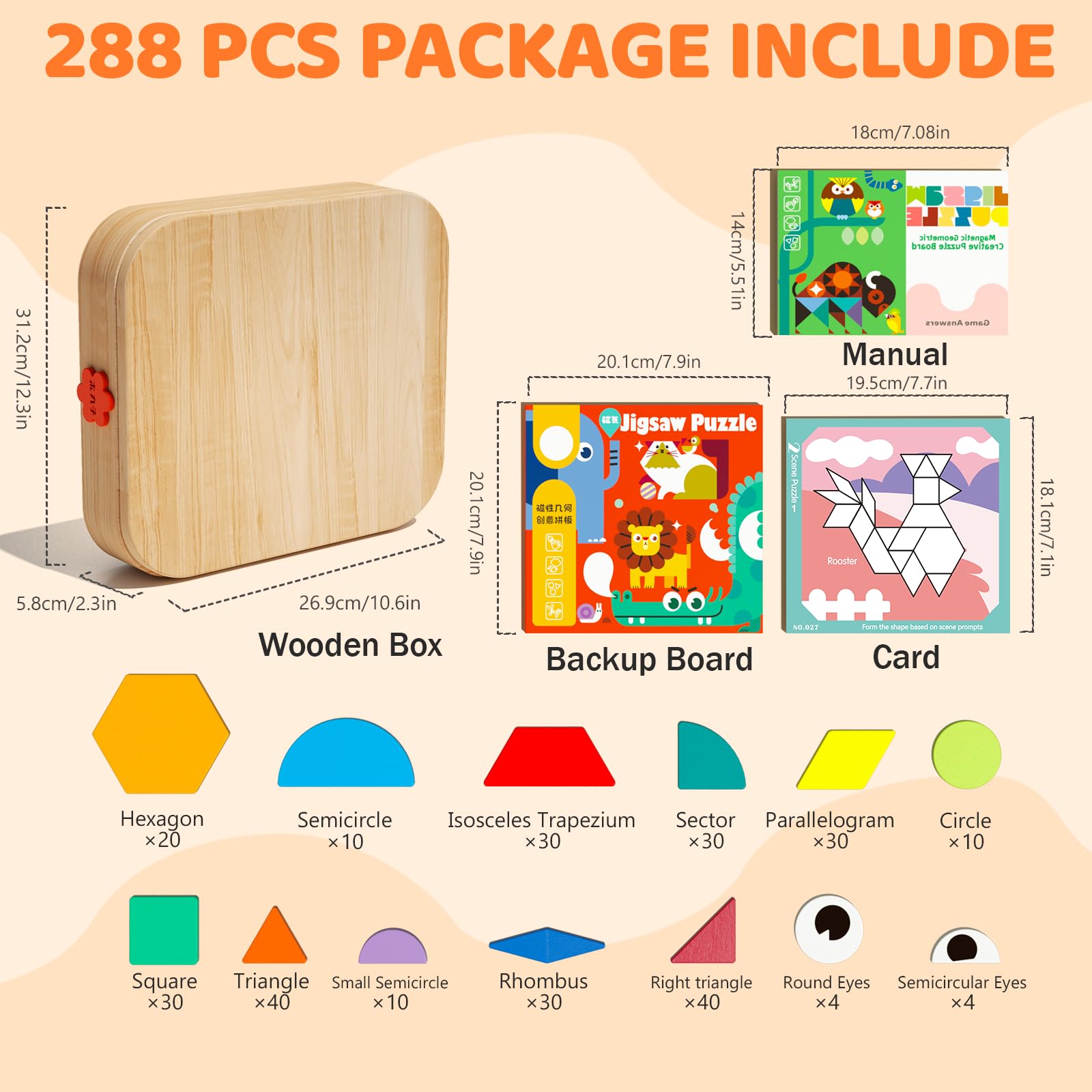 edutree Wooden Magnetic Pattern Blocks Set with Cards, 288 PCS Montessori Tangram Puzzle Learning Toys for Toddlers 4-8, Educational STEM Gift