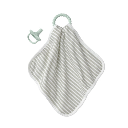 Dr. Brown's Lovey Blanket with Teether Ring and HappyPaci 100% Silicone One-Piece Pacifier, Soothing Security Blanket Set for Baby, Gray Stripes, 0m+