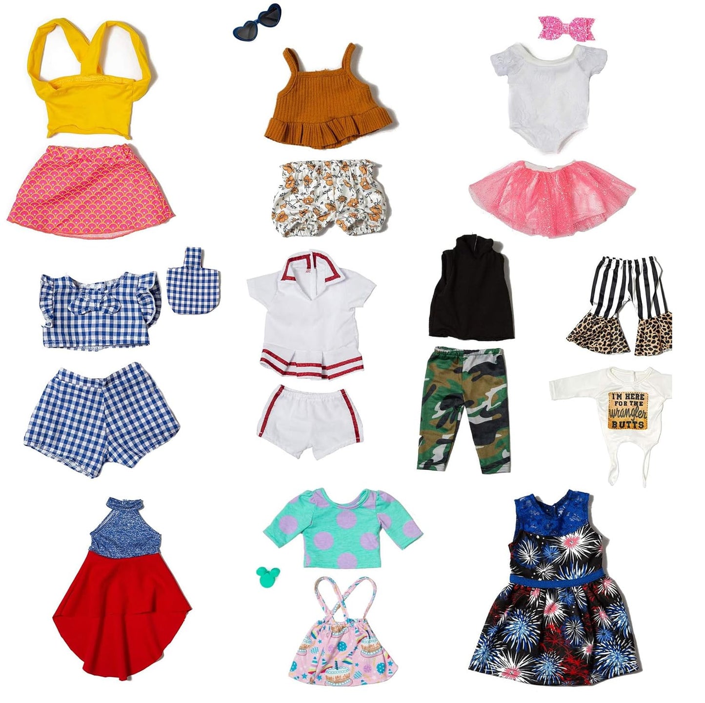 XFEYUE 22 Pcs American 18 inch Doll Clothes Gifts and Accessories, Fit 18 inch Doll - Including 10 Sets of Various Styles Doll Clothes, Hair Clips