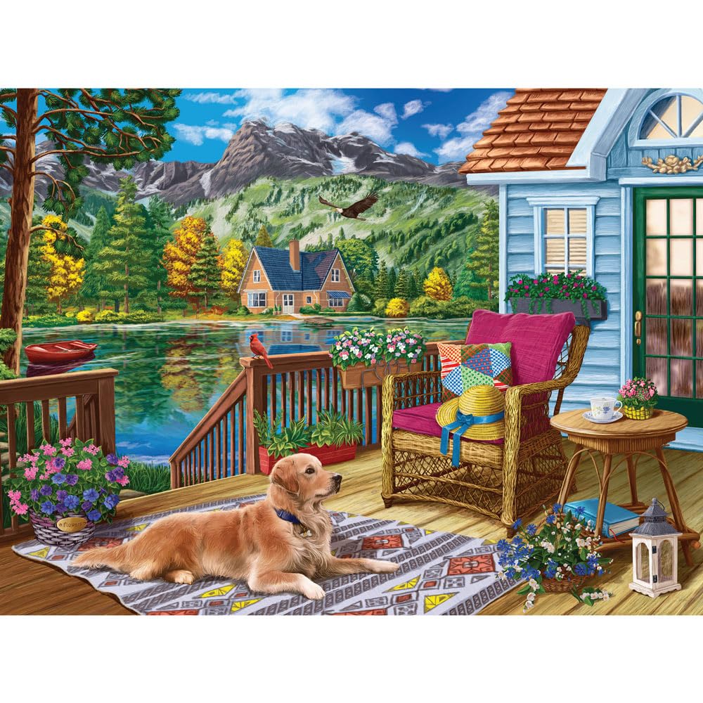 Bits and Pieces 300 Piece Puzzles for Adults 300 Large Pieces 18" x 24" Jigsaw Puzzles - Lakeside Cabin, Random Die Cut, No 2 Pieces Alike, Terrace