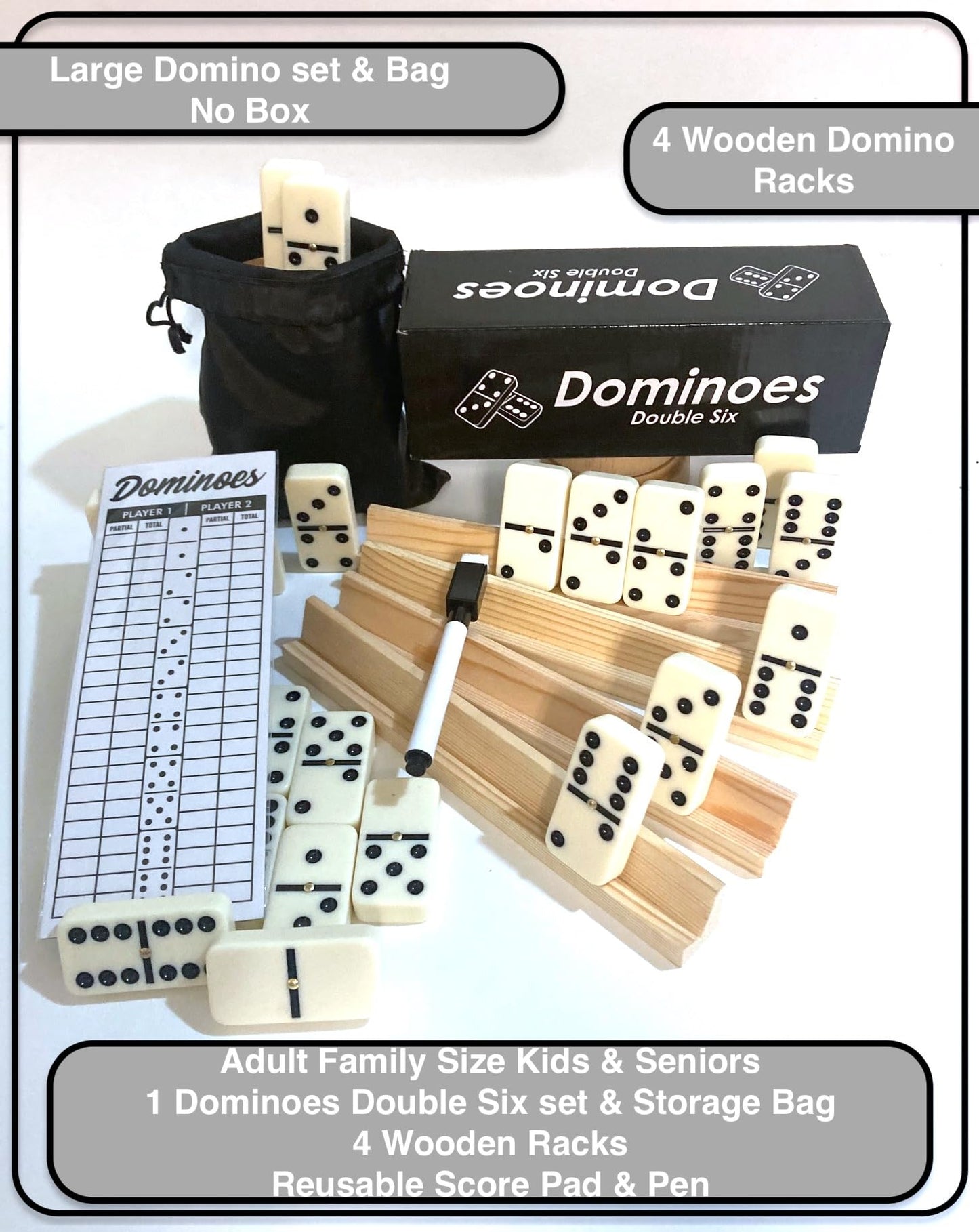 Games Dominoes Double 6, Tournament Size, Two Toned with Spinner (Center) Rivets, in Wooden case