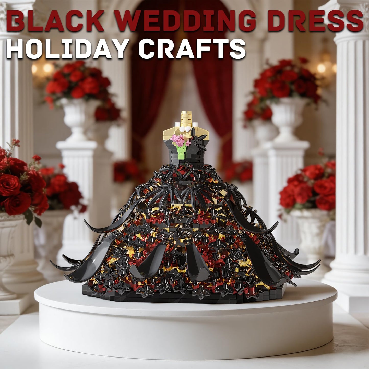 YCJZXMS Wedding Dress Building Block Set for Adults, 1501 Pieces Black Bridal Dress Display Model, Stylish Desk Shelf Bedroom Living Room Decor