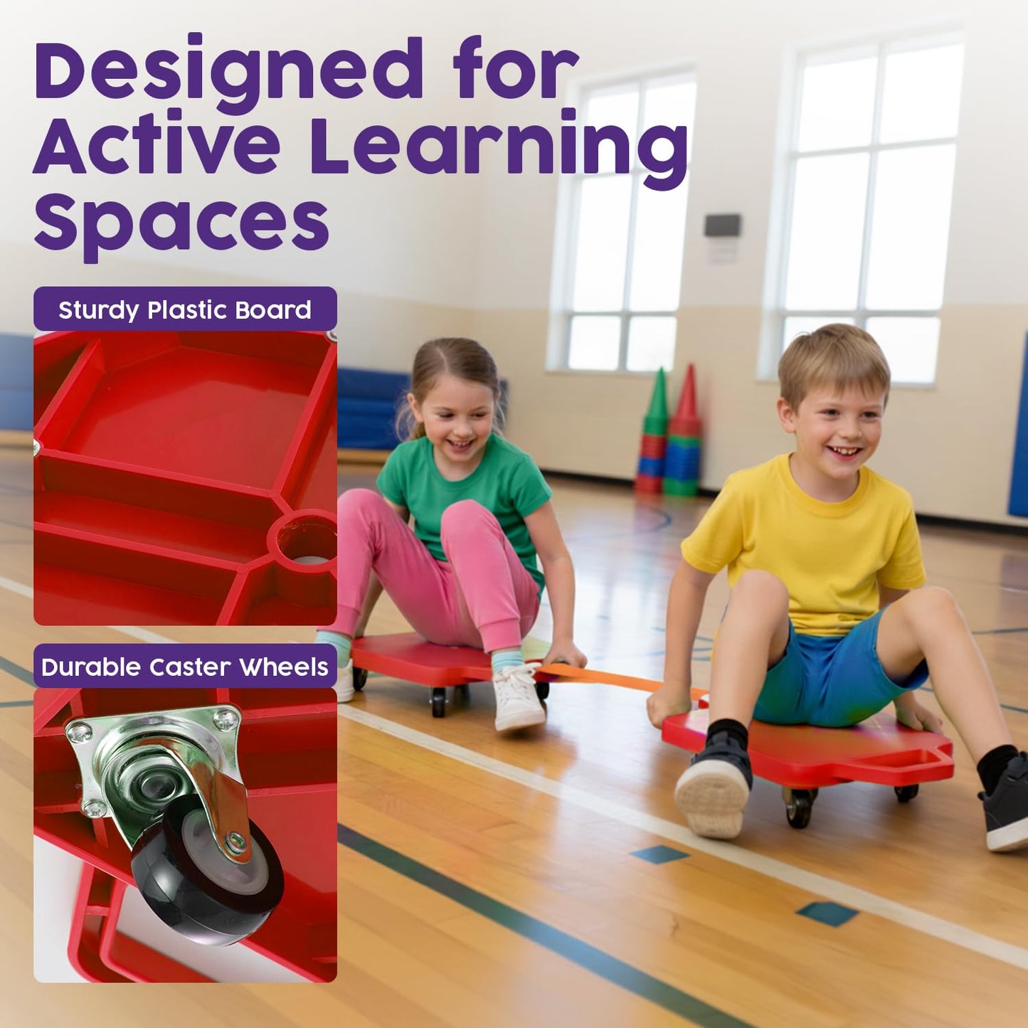 Hurtle Scooter Board for Kids with Safety Handles - Heavy Duty Gym Floor Scooter with 360° Wheels for PE, Indoor Active & Sensory Play - Supports 200