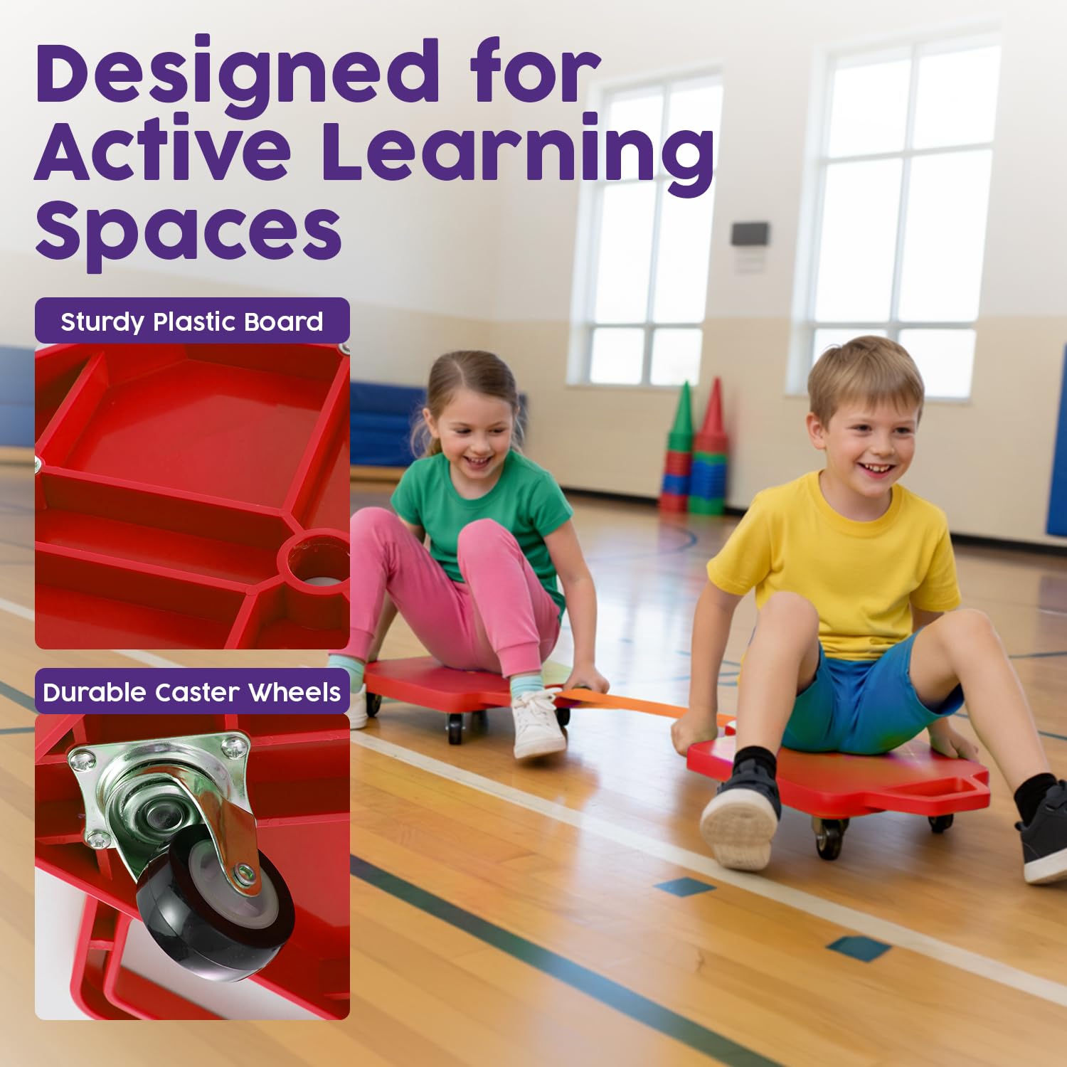 Hurtle Scooter Board for Kids with Safety Handles - Heavy Duty Gym Floor Scooter with 360° Wheels for PE, Indoor Active & Sensory Play - Supports 200