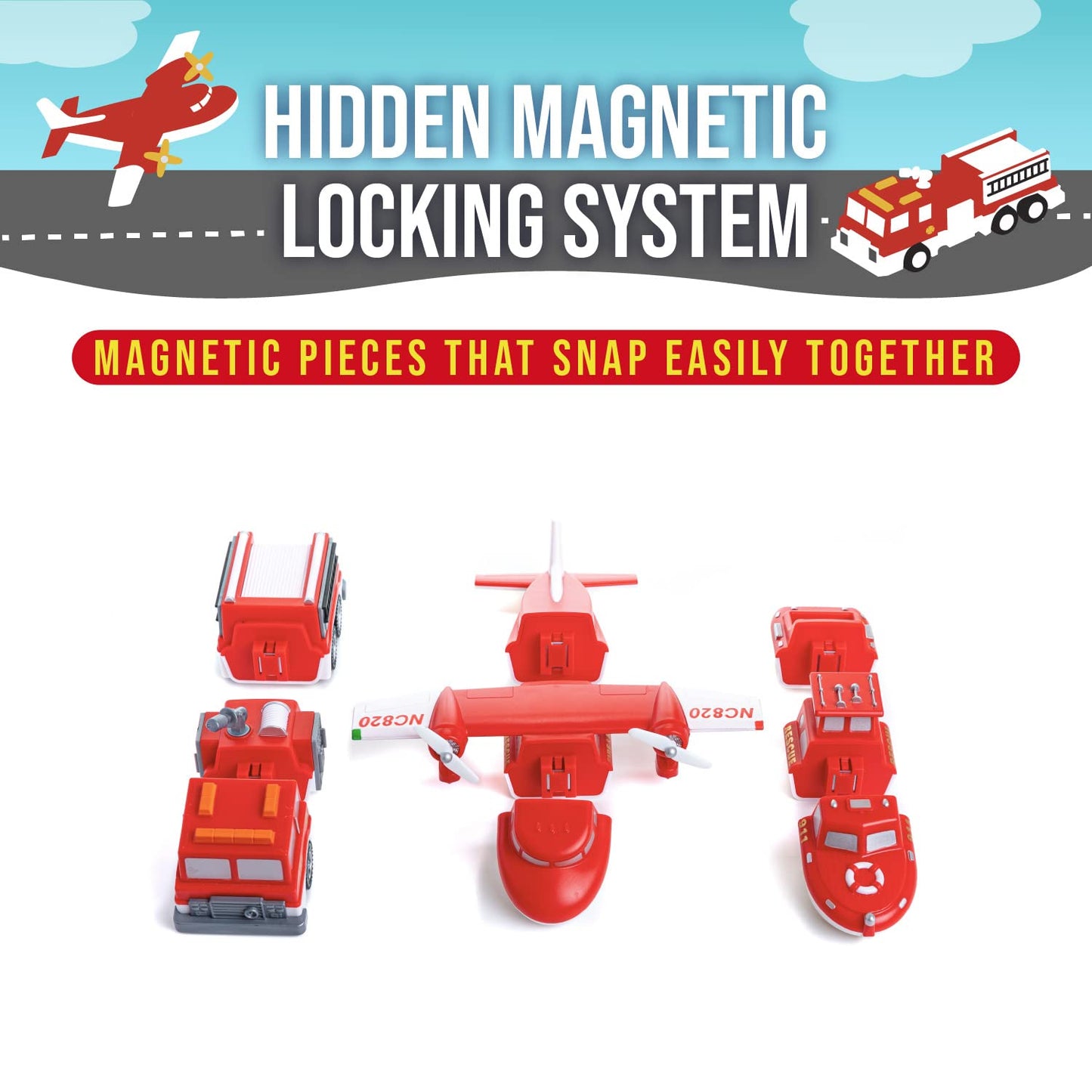 POPULAR PLAYTHINGS Magnetic Vehicles for Toddlers 1-3, Mix or Match Car Toys, Set of 3 Gift for Kids - Vehicles, Fire & Rescue, Red and White