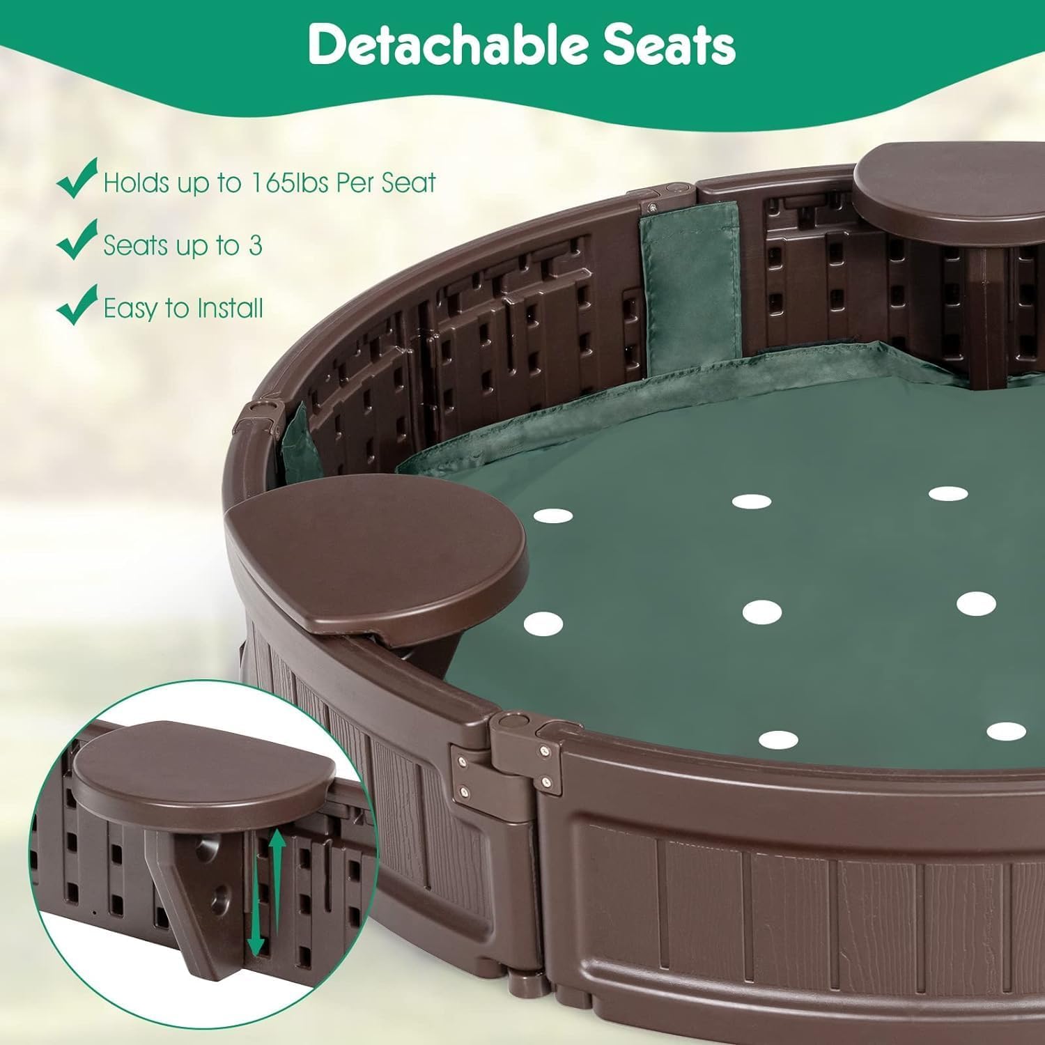 Costzon Round Kids Sandbox with Cover, HDPE Sand Pit w/Detachable Built-in Seating & Bottom Liner for Backyard, Garden, Beach, Lawn, Outdoor Sand Box