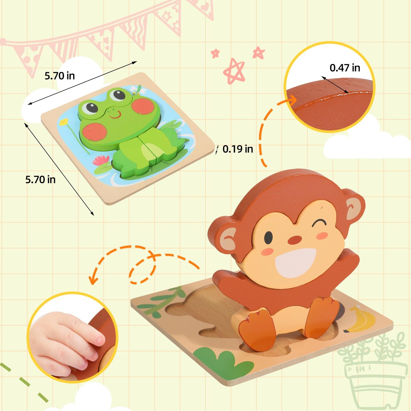 edutree Wooden Puzzles for 2-4, 6 Pack Animal Shape Puzzle Montessori Toys for 2 3 4 Year Old, Educational Learning Toys for Girls Boys