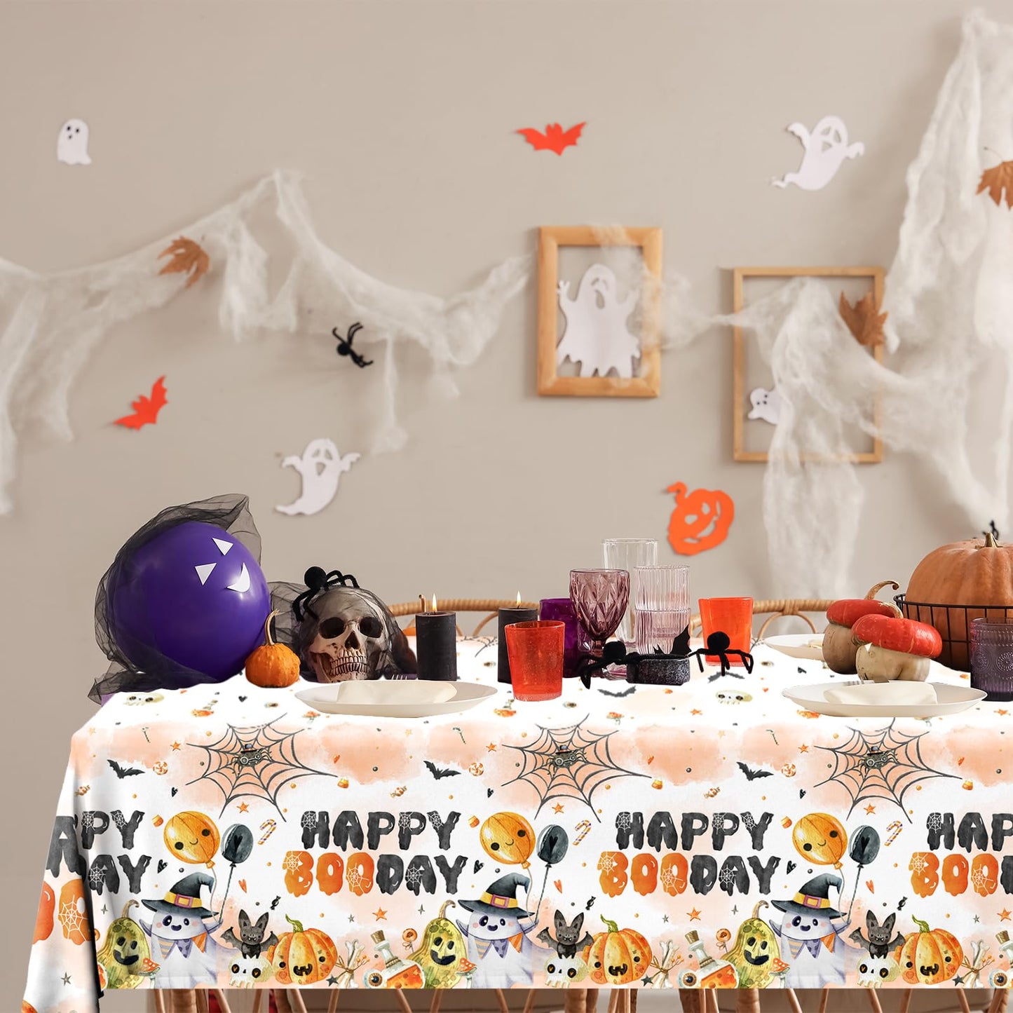 CMUSKO Halloween Happy Boo Day Tablecloth, 3Pcs Orange Black Ghost Pumpkins Plastic Booday Tablecloth,Boo Day Table Cover for Halloween Birthday Baby