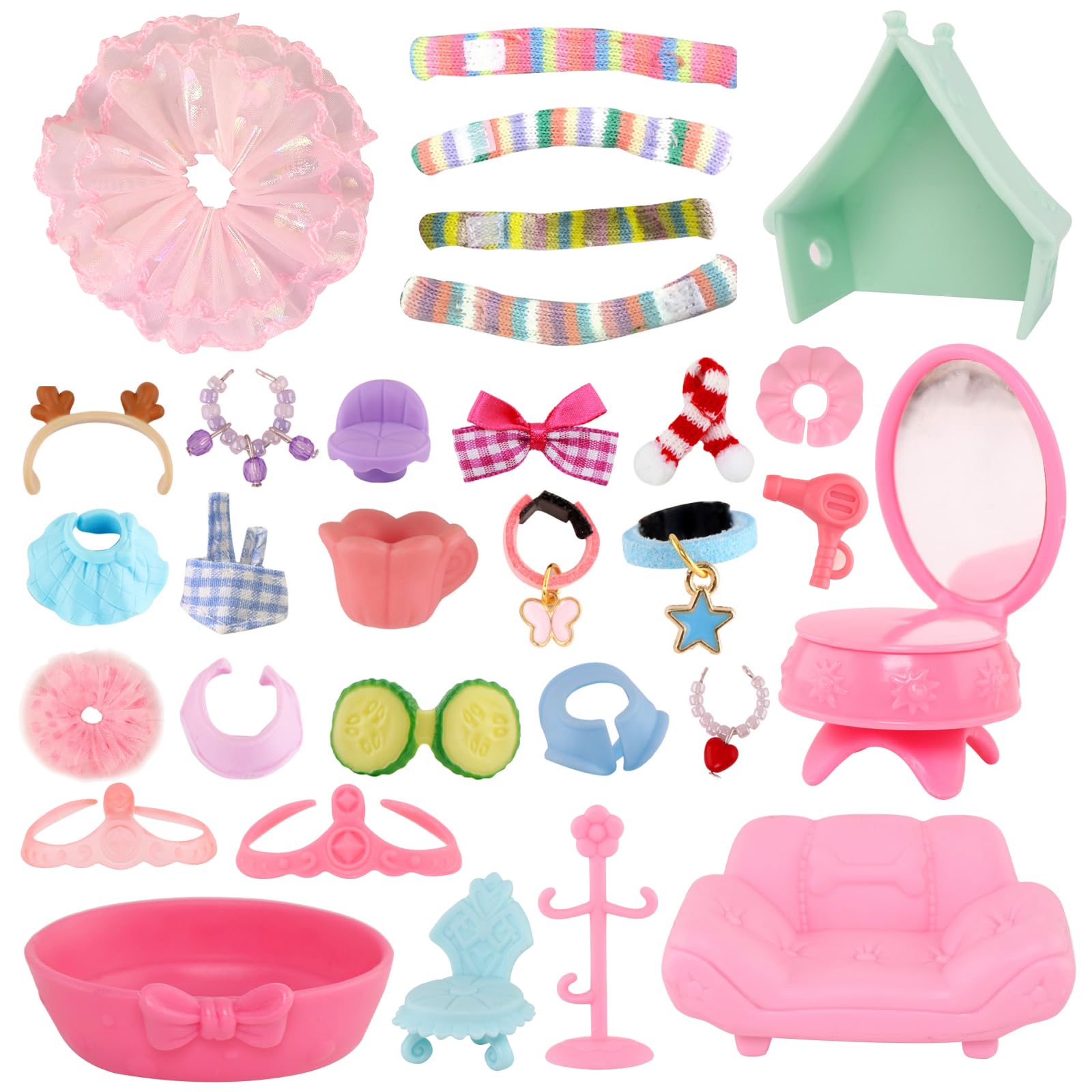 Random Miniature Accessories Set for LPS Pets - Sofa,Bows, Collars,Food & Drink for Shorthair Cat, Collie, Dachshund, Cocker Spaniel & Cow Figures