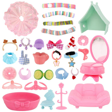 Random Miniature Accessories Set for LPS Pets - Sofa,Bows, Collars,Food & Drink for Shorthair Cat, Collie, Dachshund, Cocker Spaniel & Cow Figures
