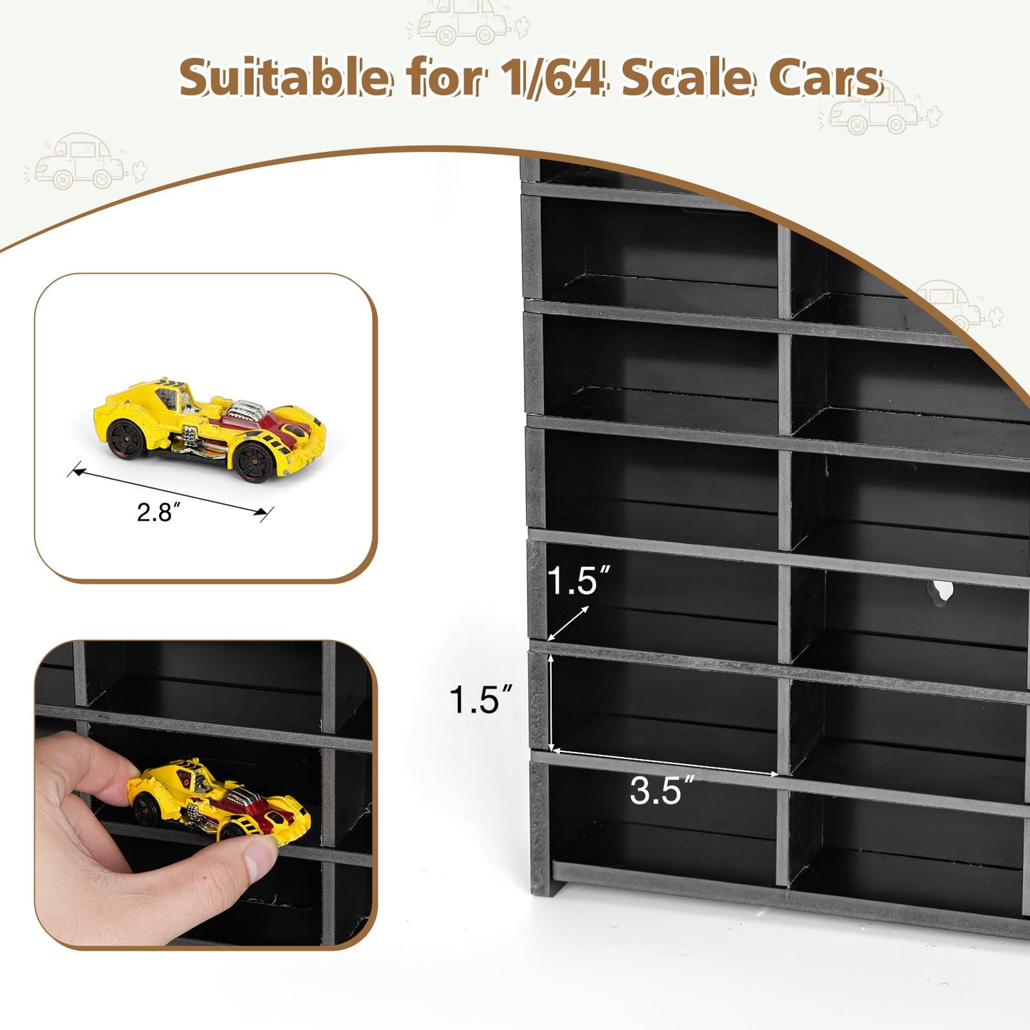 Arkiya Toy Car Storage Display Case, 72 Slots Model Car Display Shelf for 1/64 Scale Toy Cars, Wall Mount Organizer Rack for Diecast Models (Black)