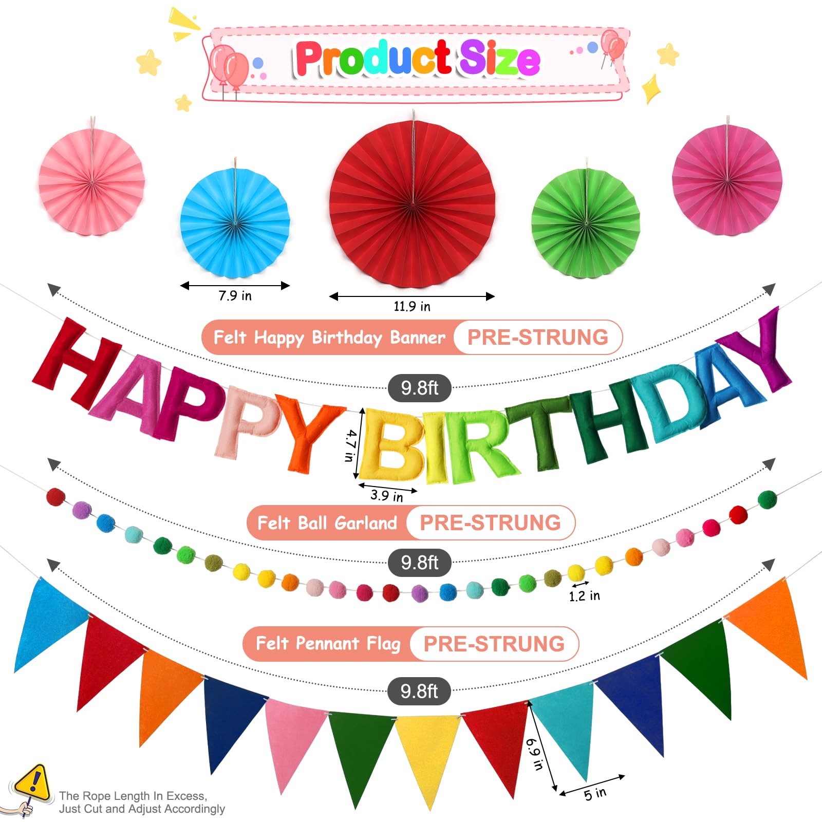 Danadia Rainbow 3D Happy Birthday Banner, Pre-Strung Felt Party Decorations