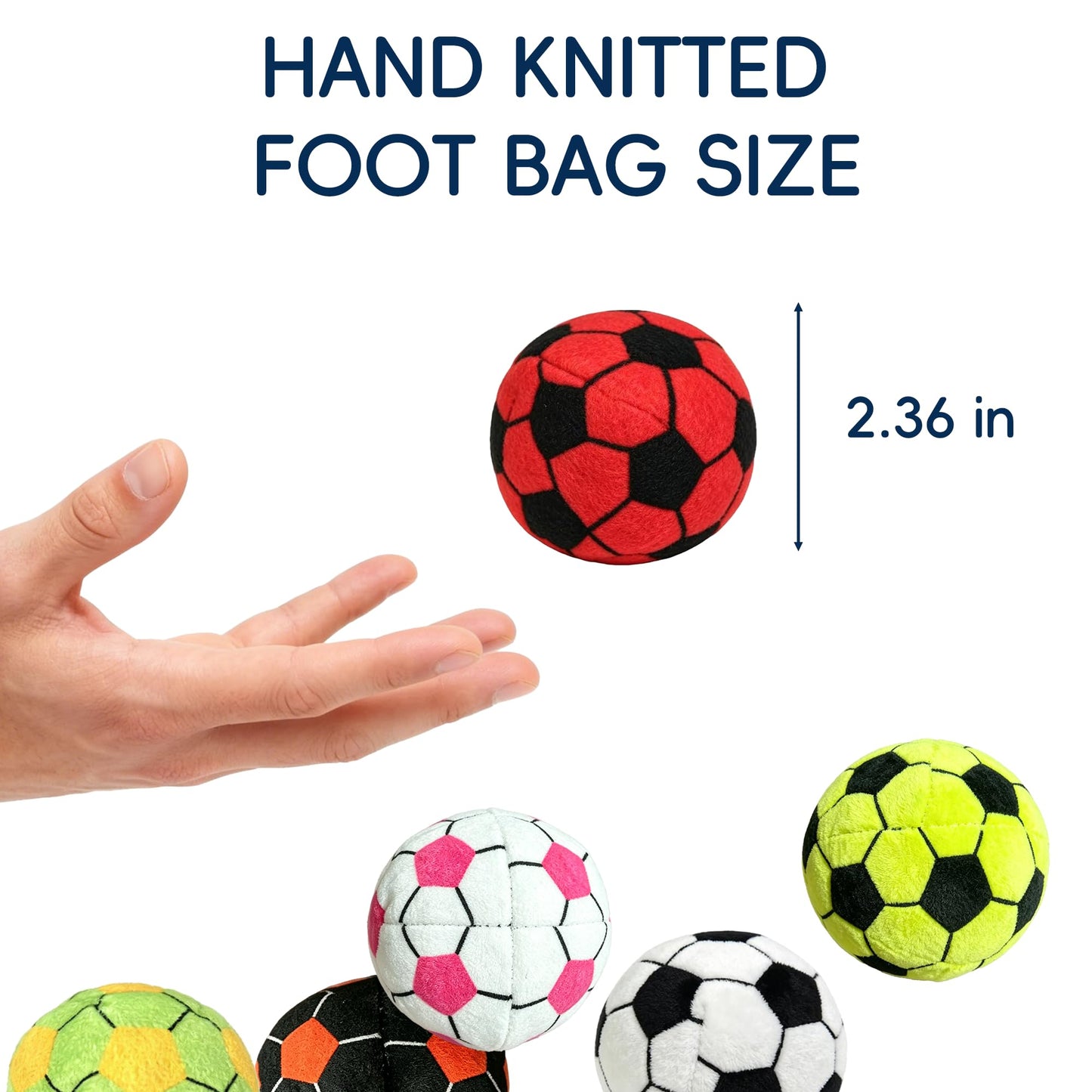 6 Pack Soccer Pattern Footbag Set - Handmade Crochet Kick Sack Balls for Adults & Beginners, Colorful Juggling Footbags, Pellet Filled Balance Toy