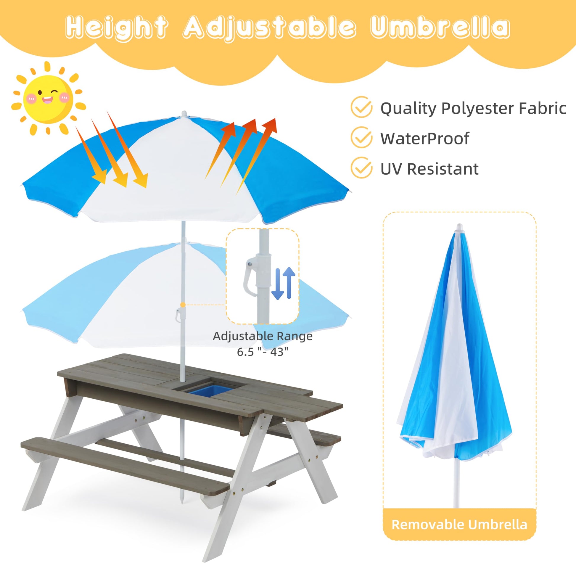SoliWood Kids Picnic Table with Umbrella, 3-in-1 Outdoor Wooden Convertible Sand & Water Table for Toddlers, Removable Top, Seats 4