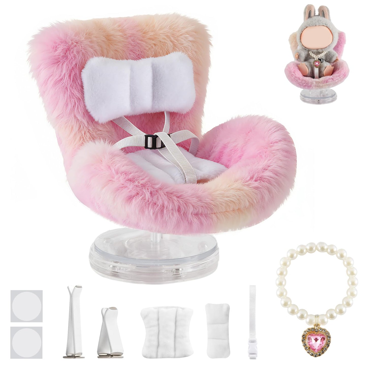SYFLHYP Cute Doll Car Seat for Labubu, Premium Car Seat Accessories for 4-7in Dolls, 360° Rotation, Including Air Vent Clip, Desktop Stand, Adjustable