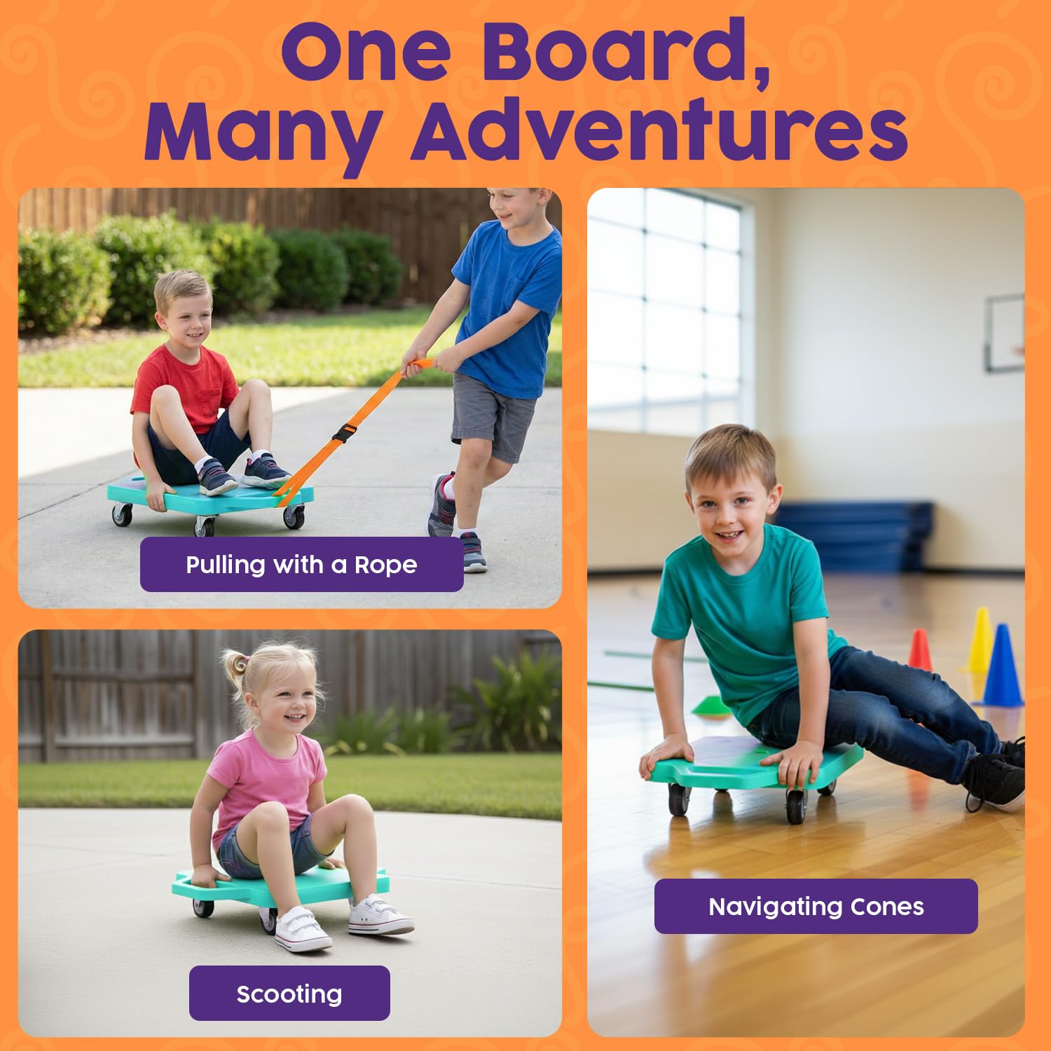 Hurtle Scooter Board for Kids with Safety Handles - Heavy Duty Gym Floor Scooter with 360° Wheels for PE, Indoor Active & Sensory Play - Supports 200