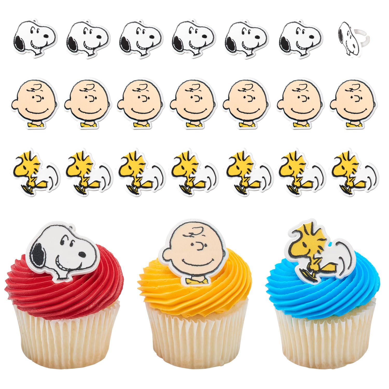 DecoPac Peanuts® Cupcake Rings, 24 Peanuts® Snoopy®, Charlie Brown, Woodstock® Cupcake Decorations, Food Safe Cake Toppers - 24 Pack