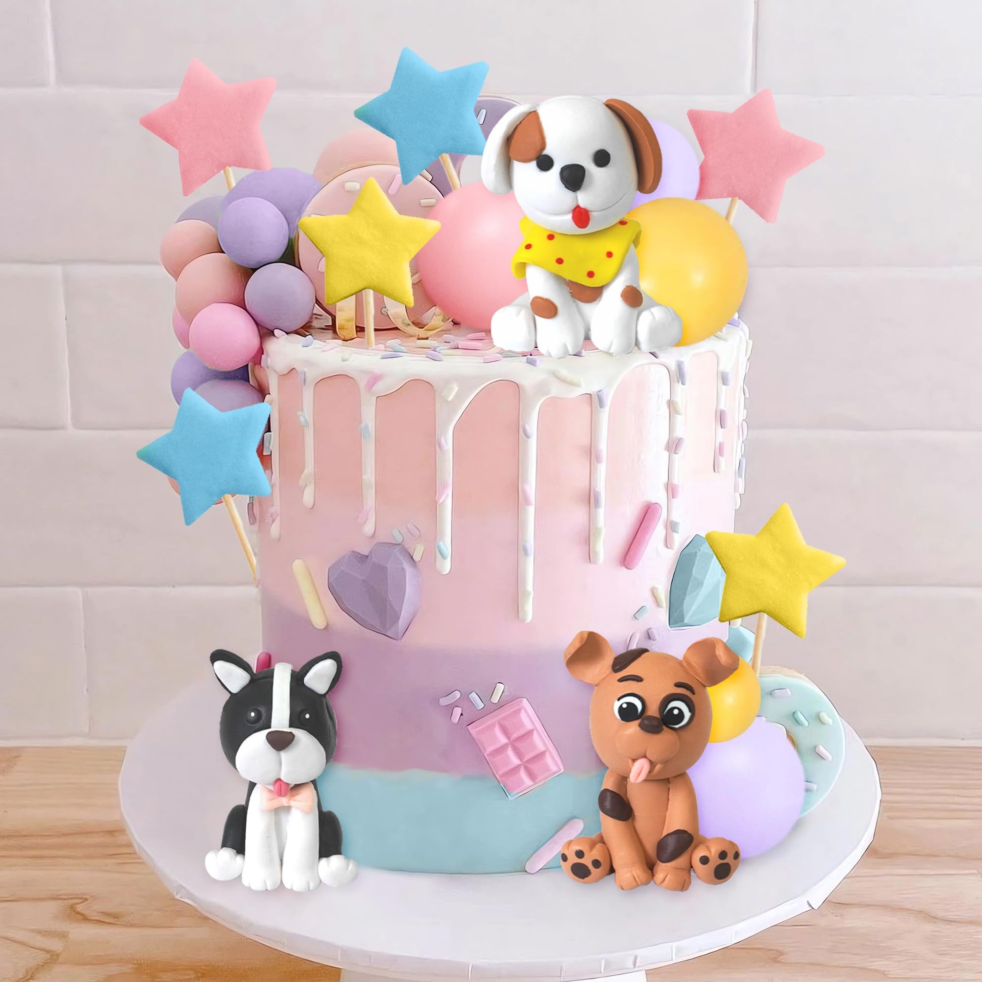 Dog Cake Topper Clay Figurines - Puppy Star Yellow Pink Purple Ball Cake Topper for Dog Theme Birthday Cake Decorations (Style 01)