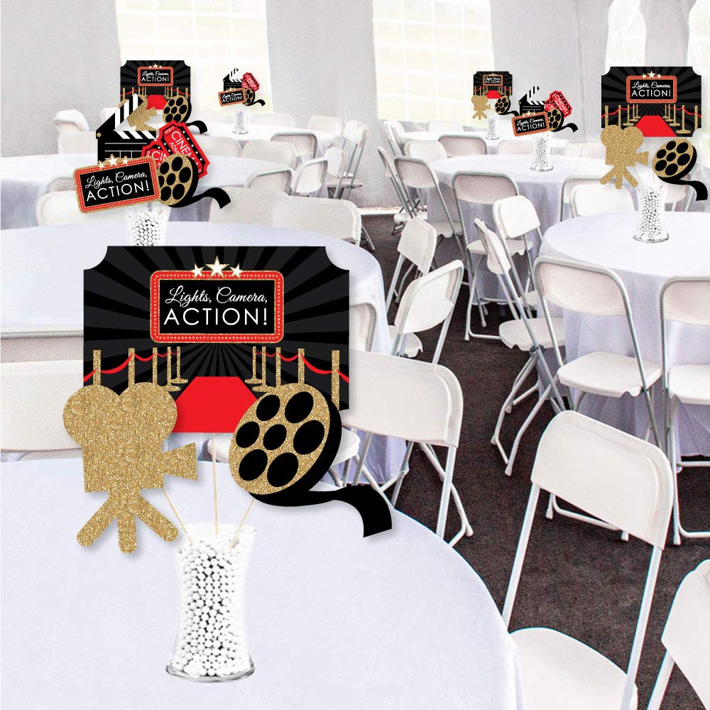 Big Dot of Happiness Red Carpet Movie Night - Premium Table Centerpiece Set, Double-Sided Printed Cardstock Toppers, Celebration Decor Kit - 35 Pieces
