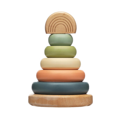 Pearhead Wooden Rainbow Stacking Ring Toy, Montessori Baby Stacker