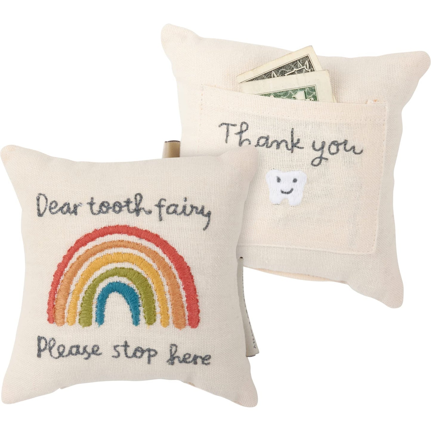 Primitives by Kathy Tooth Fairy Pillow, 5x5-Inch Cotton Linen Keepsake with Back Storage Pocket, Embroidered Bright Rainbow Design