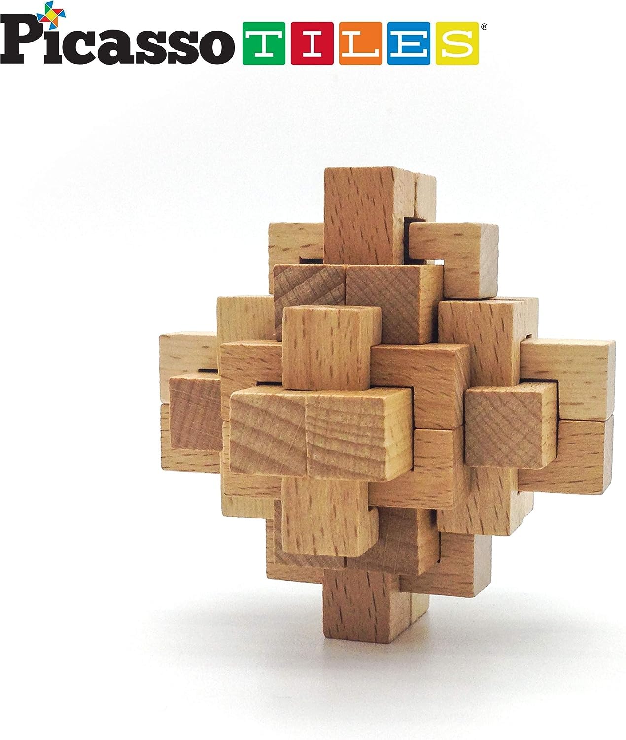 PicassoTiles 8 Styles Interlocking Sensory Toys Wooden Burr Cube, Ball and Barrels Logic Skill Genius Puzzle Brain Teaser Games & Intellectual 3D