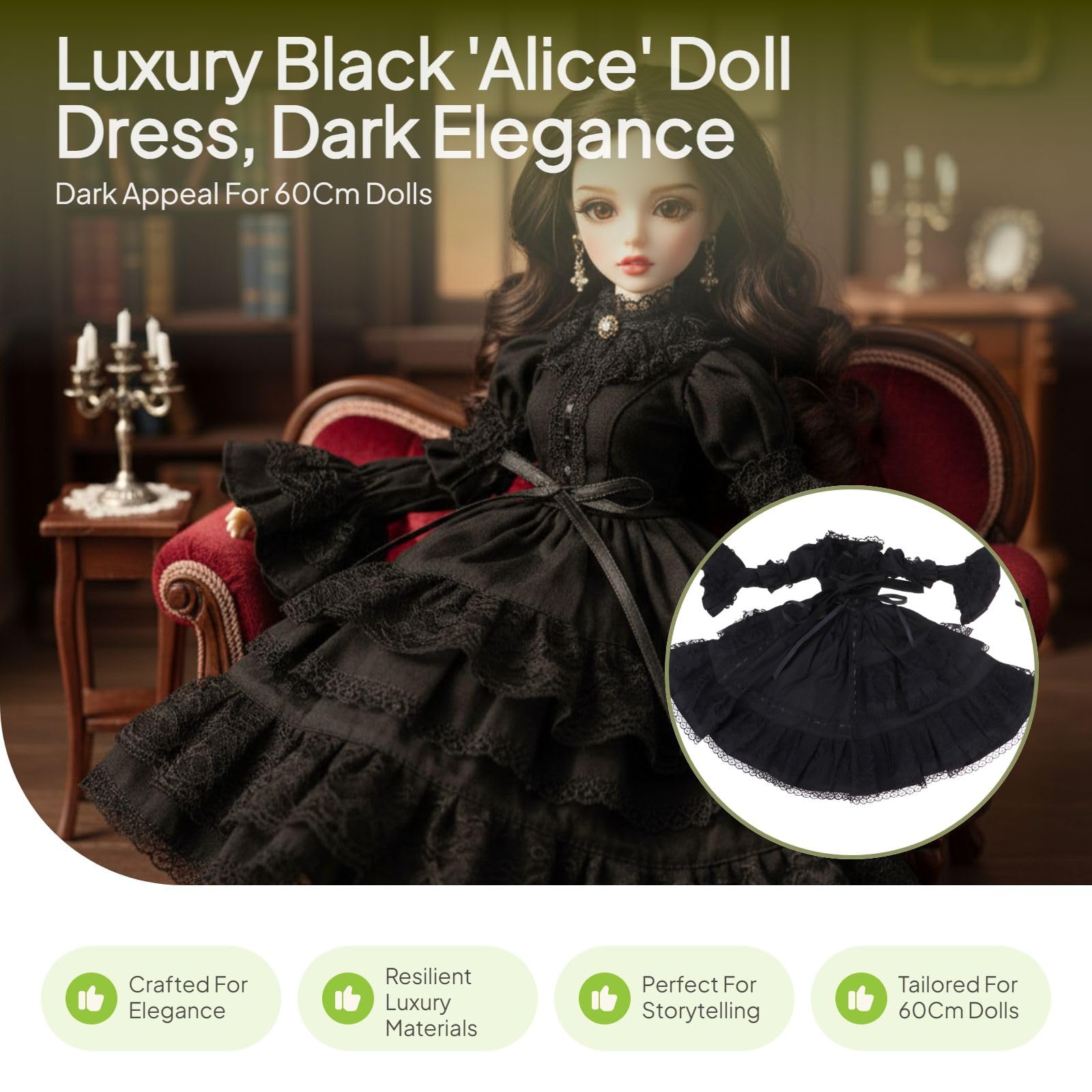 Fenteer 1/3 BJD SD Doll Outfits, Black Lolita Princess Dress, with Lace and Headwear for 60cm Night Lolita Dolls