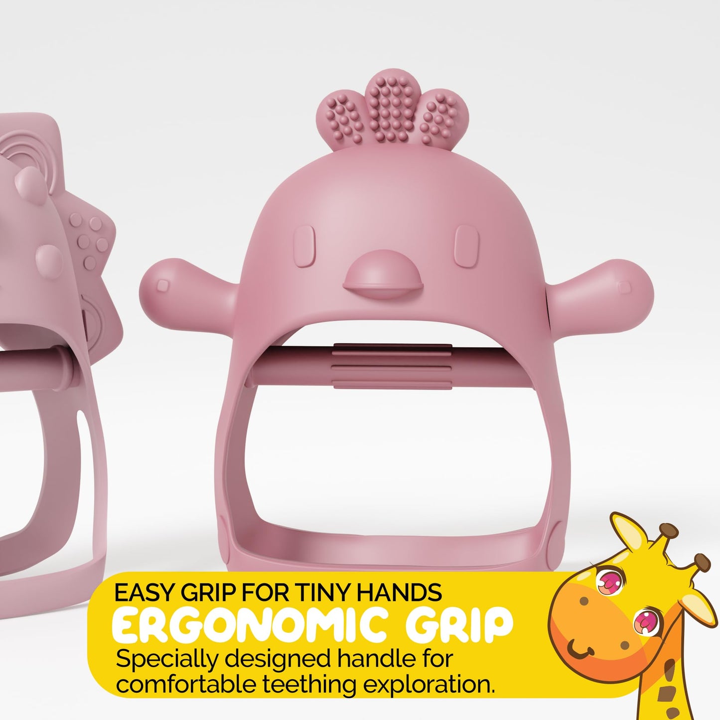 Baby Teether Pack of 2 Wearable teether Pink Pacifier Teether Toy - Little Chick Teether Mini Dino Teether - Rose Pink Teether and Turkish Pink by