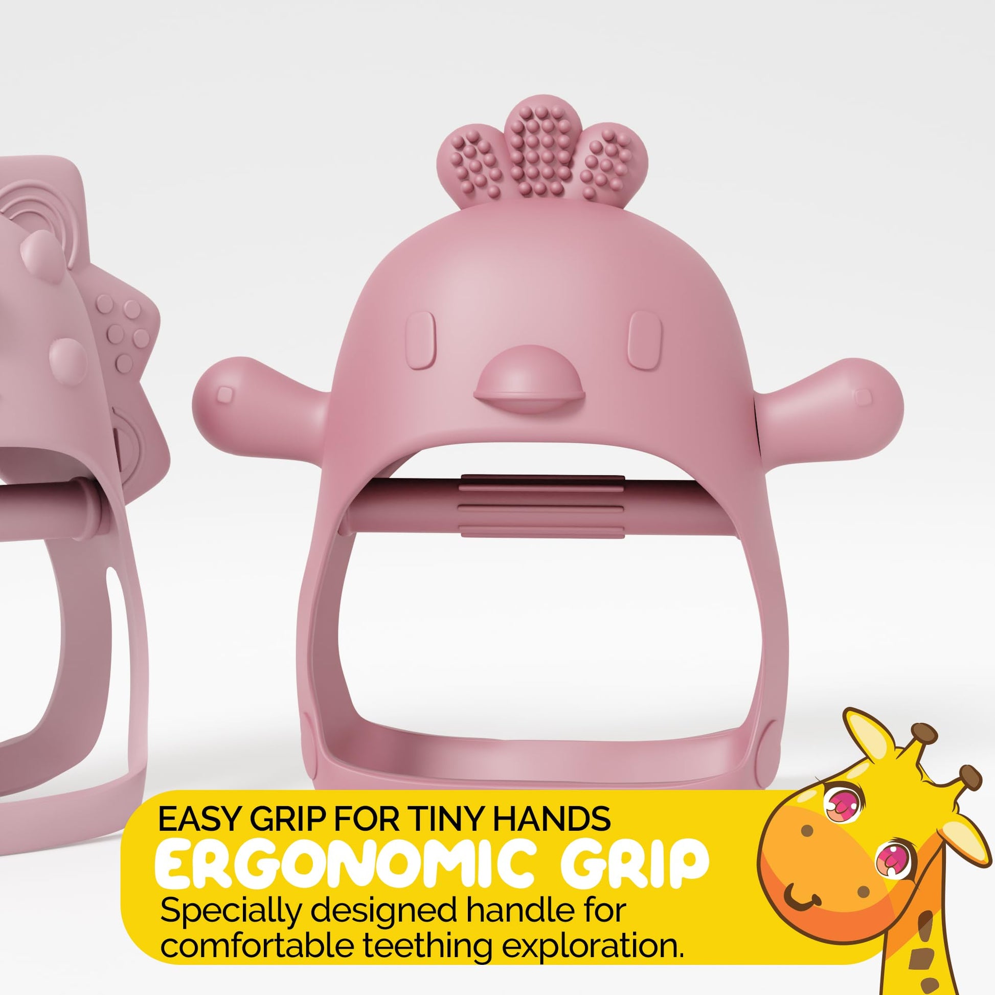 Baby Teether Pack of 2 Wearable teether Pink Pacifier Teether Toy - Little Chick Teether Mini Dino Teether - Rose Pink Teether and Turkish Pink by
