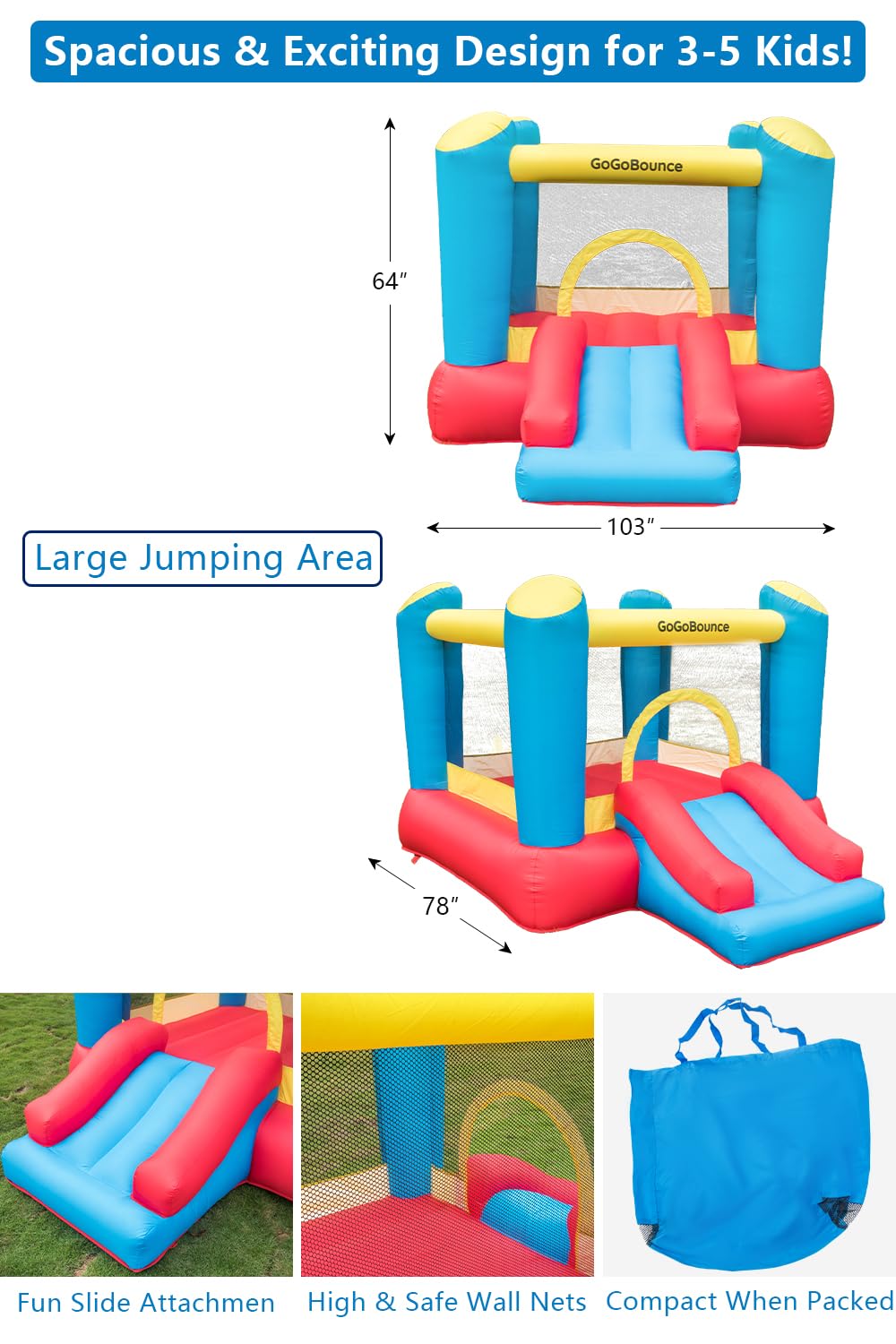 GoGoBounce Inflatable Bounce House with Water Slide & Air Blower, 103"x 78"x 64" Outdoor Bouncy Castle for Kids Ages 3-10, Durable Oxford Fabric