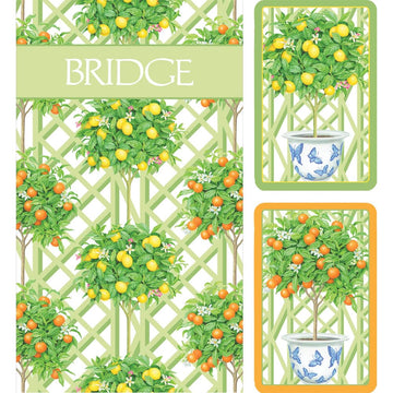 Caspari Citrus Topiaries Large Type Bridge Gift Set - 2 Decks of Playing Cards & 2 Score Pads, Gift Box Included
