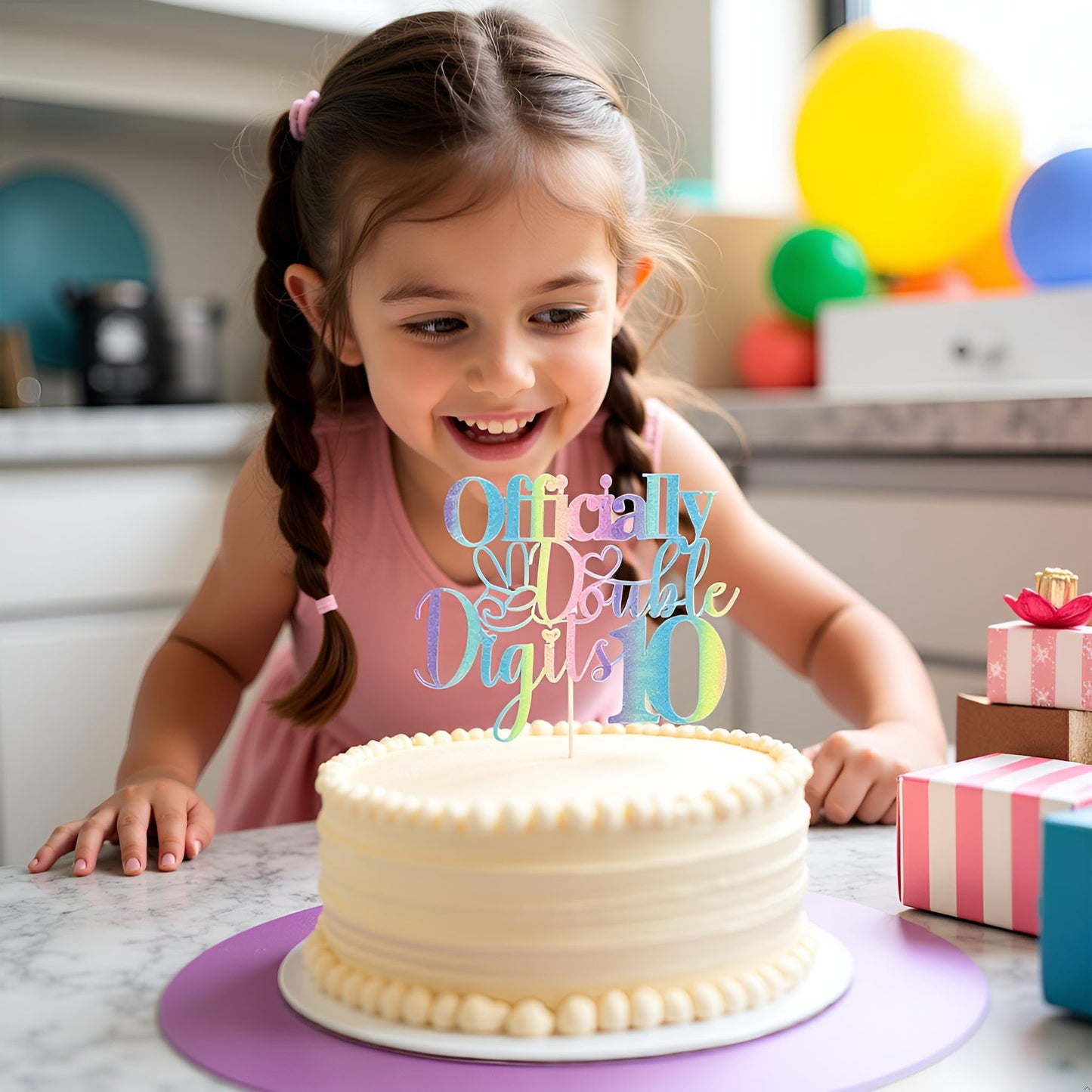 Sleyberoy Rainbow Gradient Glitter Officially Double Digits 10 Cake Topper