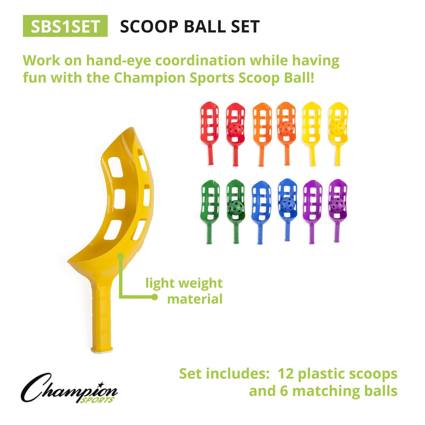 Champion Sports Scoop Ball and Catch Games, Lightweight Plastic Toss and Catch Sets for All Ages, 6 Sets