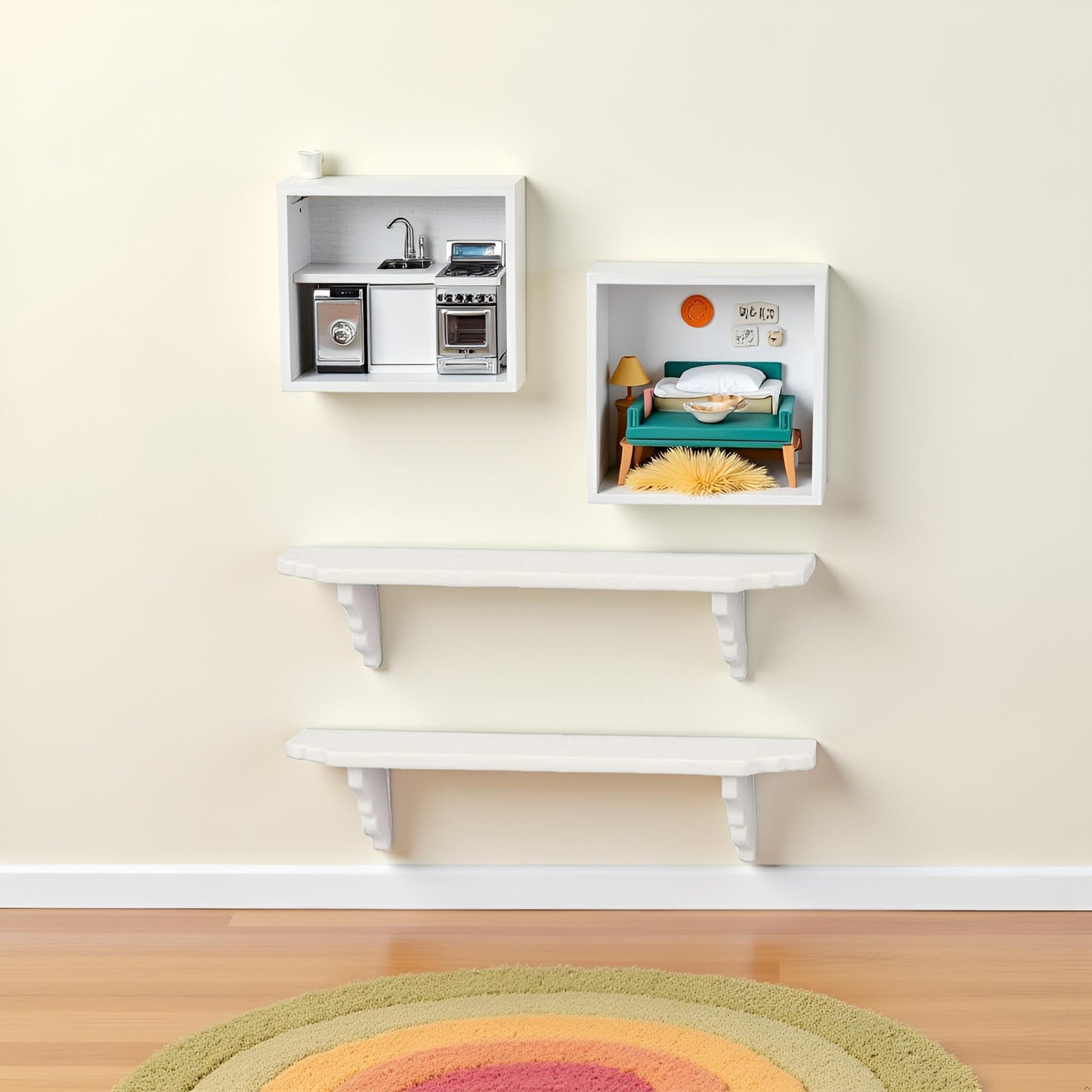 2Pcs White Dollhouse Wall Shelf, 1:12 Scale Miniature Storage Shelf for Kitchen Scene Decor Accessories