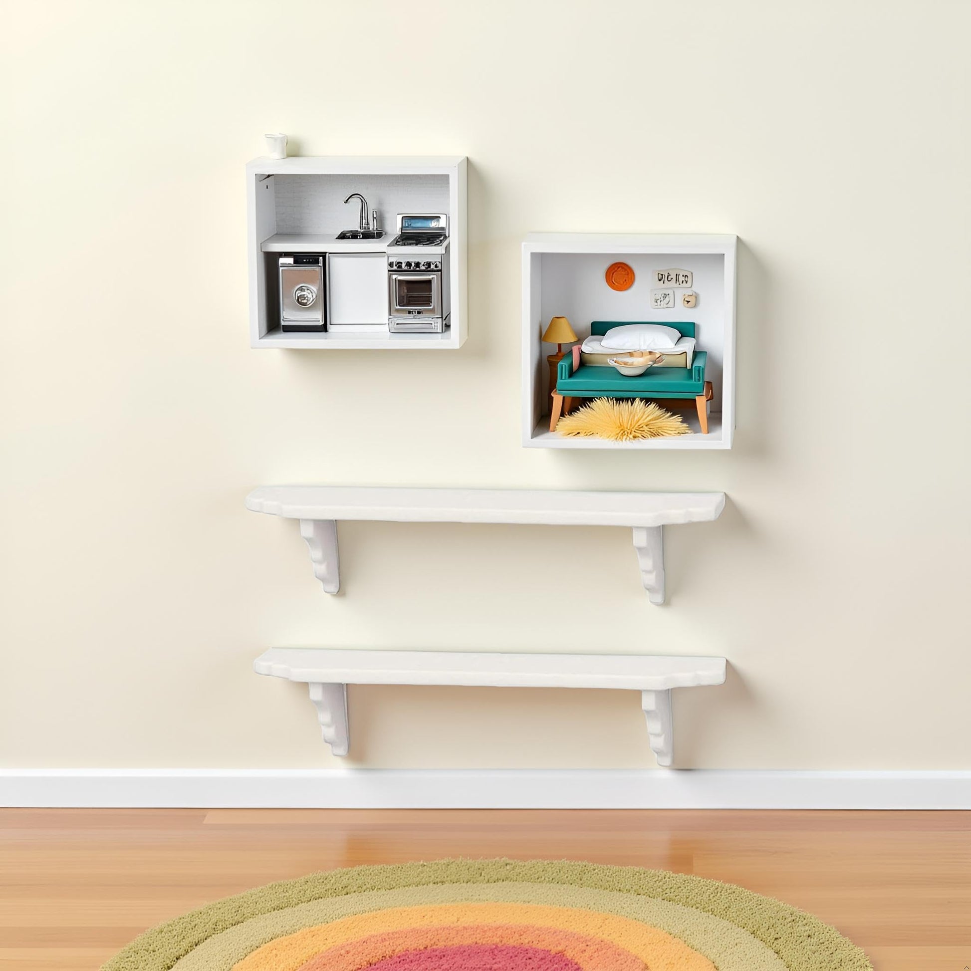 2Pcs White Dollhouse Wall Shelf, 1:12 Scale Miniature Storage Shelf for Kitchen Scene Decor Accessories