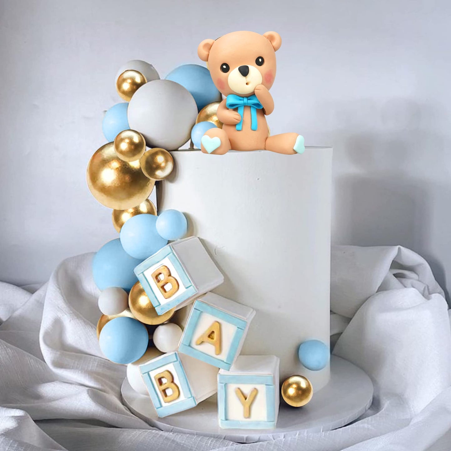 Bear Cake Toppers Mini Bear Cake Decorations Blue Letter Cake Toppers Gold Blue White Pearl Ball for Bear Theme Birthday Supplies (Blue Baby)
