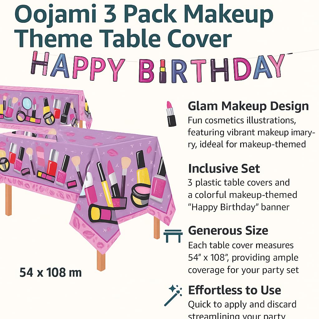 Oojami 3 Pack Table Cover Spa Theme Tablecloth Large Size 54" x 108" Includes 1 Happy Birthday Banner Ideal for Spa Themed Birthday, Spa Party Table