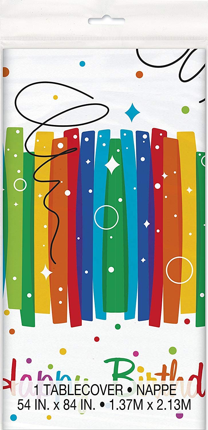 Multicolor Rainbow Ribbons Birthday Plastic Rectangular Table Cover (54" x 84"), Chic Design & Reusable - Perfect For Parties & Celebrations, Pack