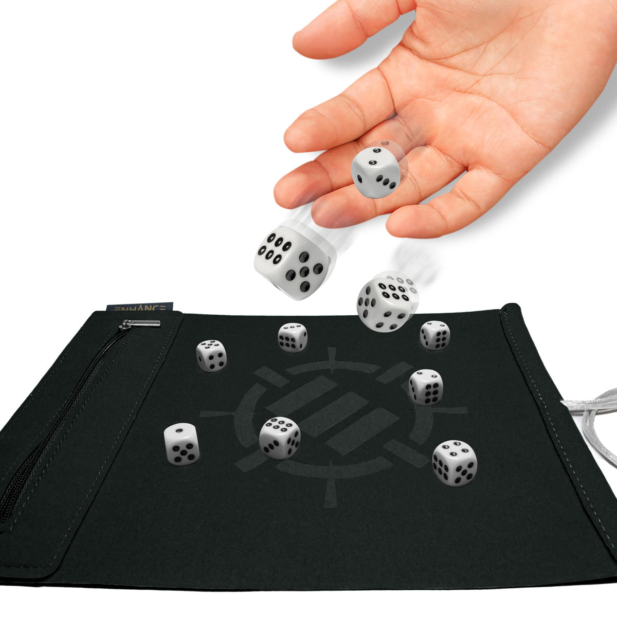 ENHANCE Roll on a Scroll Dice Roller with 12 Piece 6 Sided Dice Set - Premium Soft Dice Case & Color Coordinated 14MM Dice, Dice Holder and Tray