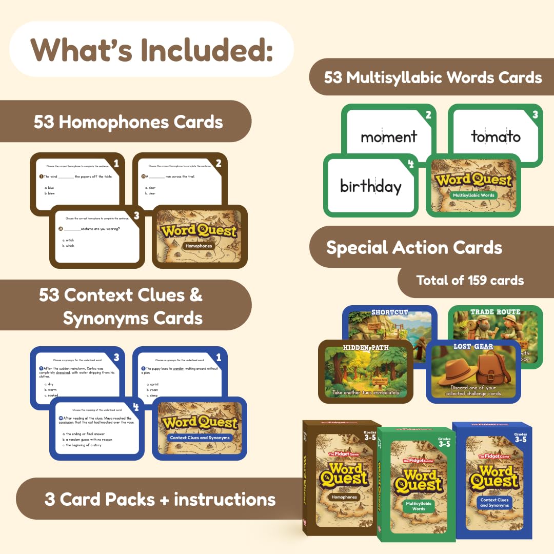 The Fidget Game Word Quest, Vocabulary Building Flash Card Game, Grades 3-5