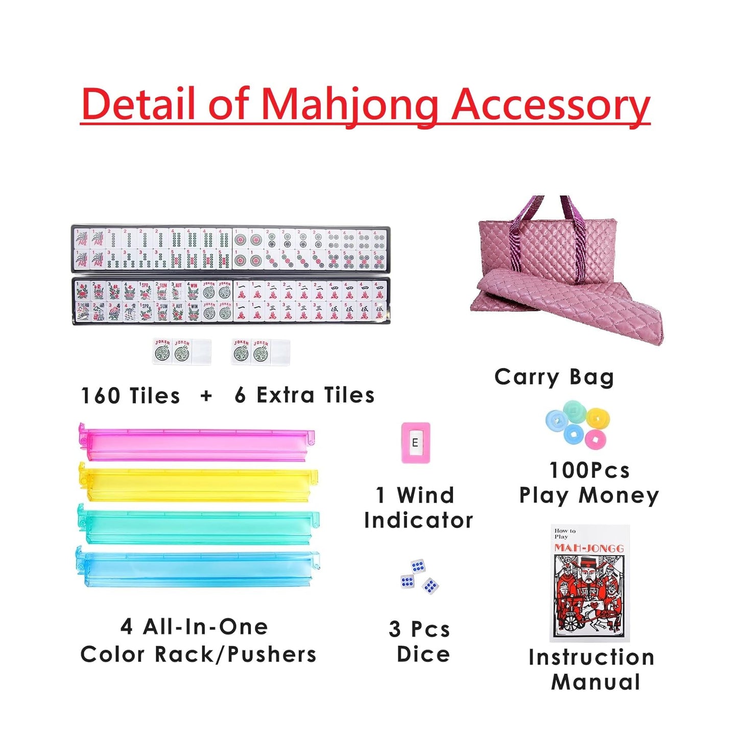 C&H Solutions American Mahjong Set,Mahjong Tiles Set,Purple Pink PU Carrying Bag,166 Premium Tiles,4 All-in-One Rack/Pushers,Western Mahjong