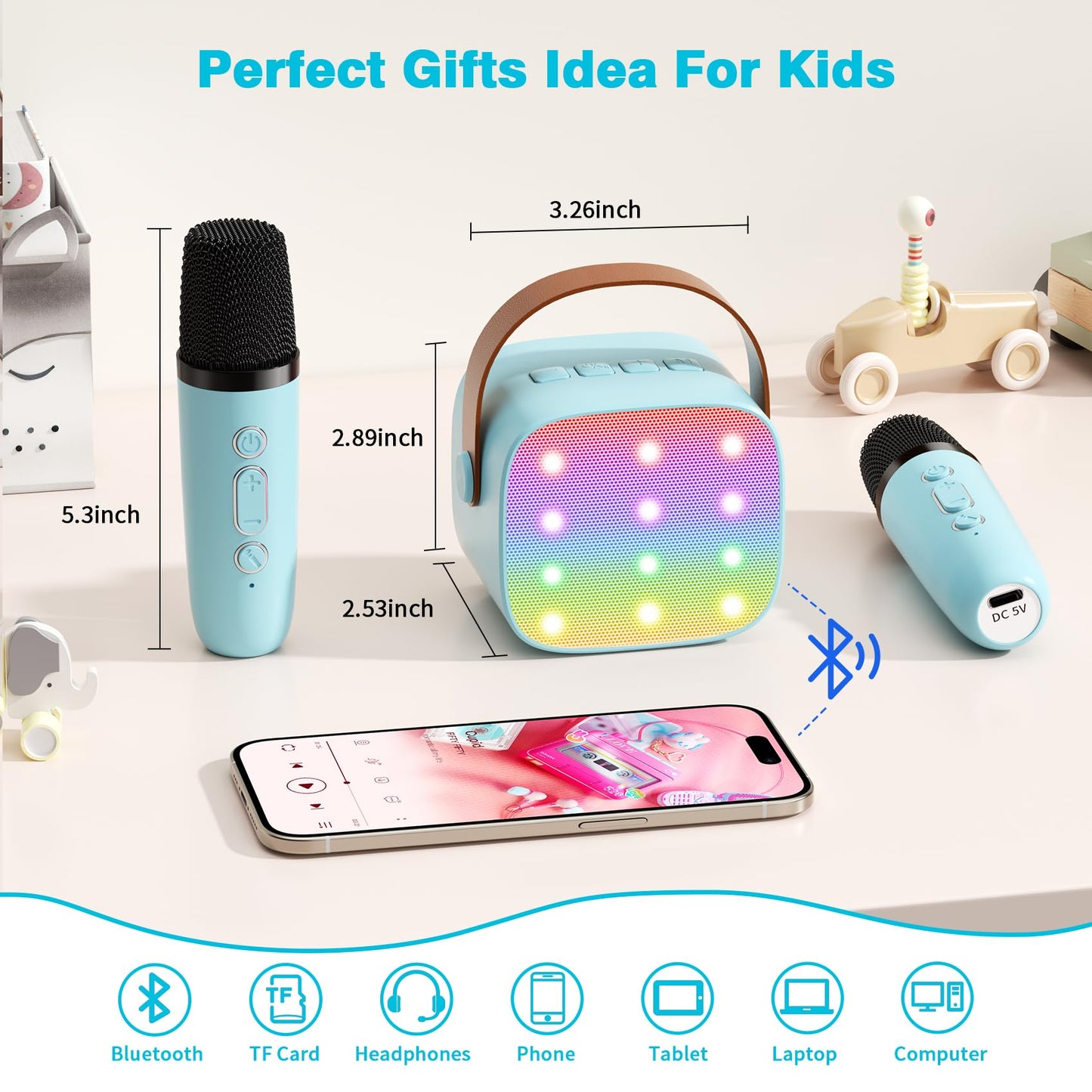 Mini Karaoke Machine with 2 Wireless Microphones, 2026 TOP Kids Portable Bluetooth Karaoke Machine for 3, 4, 5, 6, 7, 8, 9,10,11,12+Year Old
