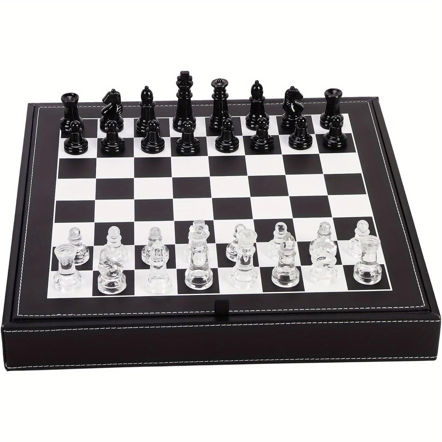 Luxury Glass Chess Set for Adults - 2 Extra Queens, Premium Leather Storage Case with 13.2” Chessboard Elegant Board Game Gift