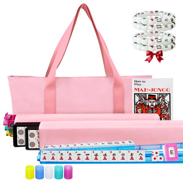 American Mahjong Game Set with Pink Carrying Bag,166 Premium White Tiles (1.2''), All-in-One Color Rack/Pushers, Chips, Wind Indicator, English