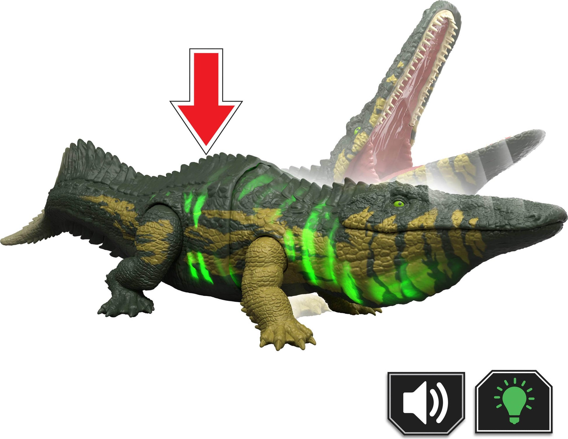 Mattel Jurassic World Wild Roar Stomatosuchus Dinosaur Action Figure Toy, Sounds & Attack & Lights, Scan Code for Digital Play