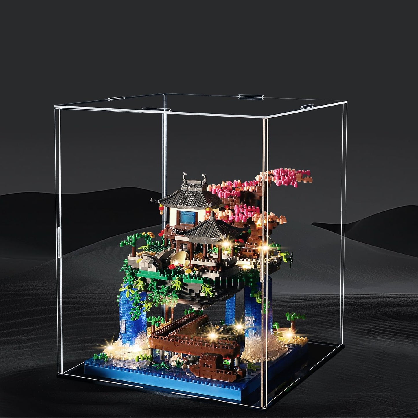 LQPFBSM Cherry Blossom Treehouse Micro Mini Building Block Sets with Acrylic Display Box Japanese Bonsai Tree Peach Blossom Pool Architecture Building