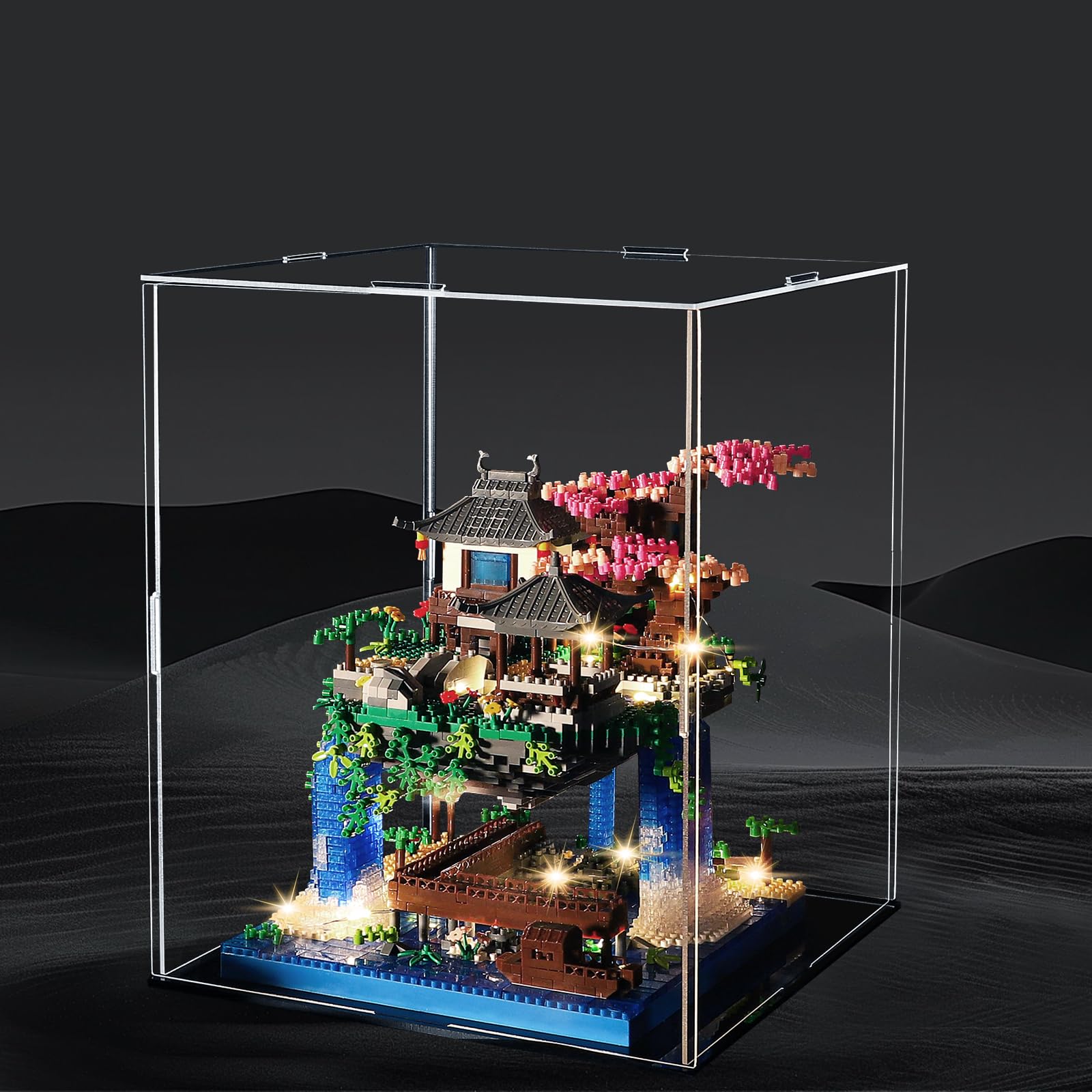 LQPFBSM Cherry Blossom Treehouse Micro Mini Building Block Sets with Acrylic Display Box Japanese Bonsai Tree Peach Blossom Pool Architecture Building