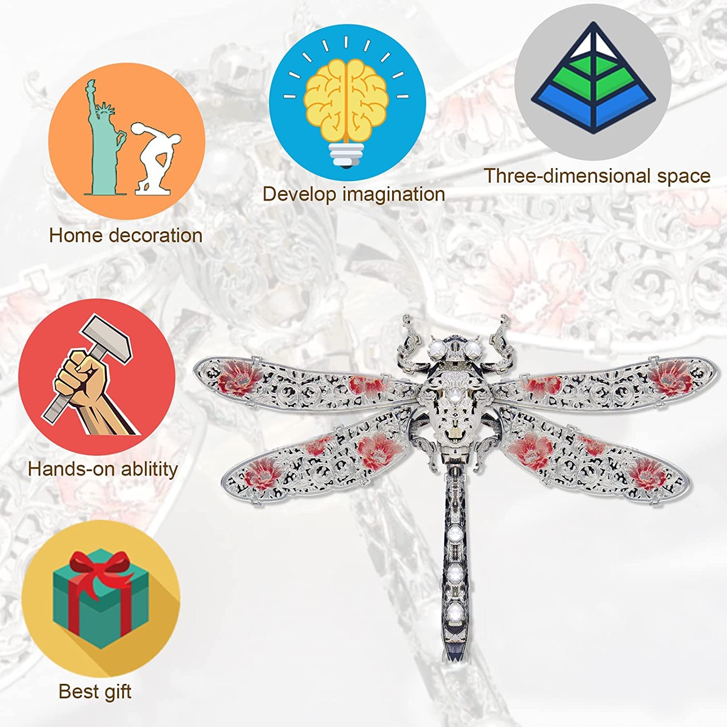 JOMIOD 3D Metal Puzzle, Dragonfly Metal Model Kits, Insect Themed Animal Fashion Brooch Assembling DIY 3D Puzzles to Build, 3D Model Building Kits