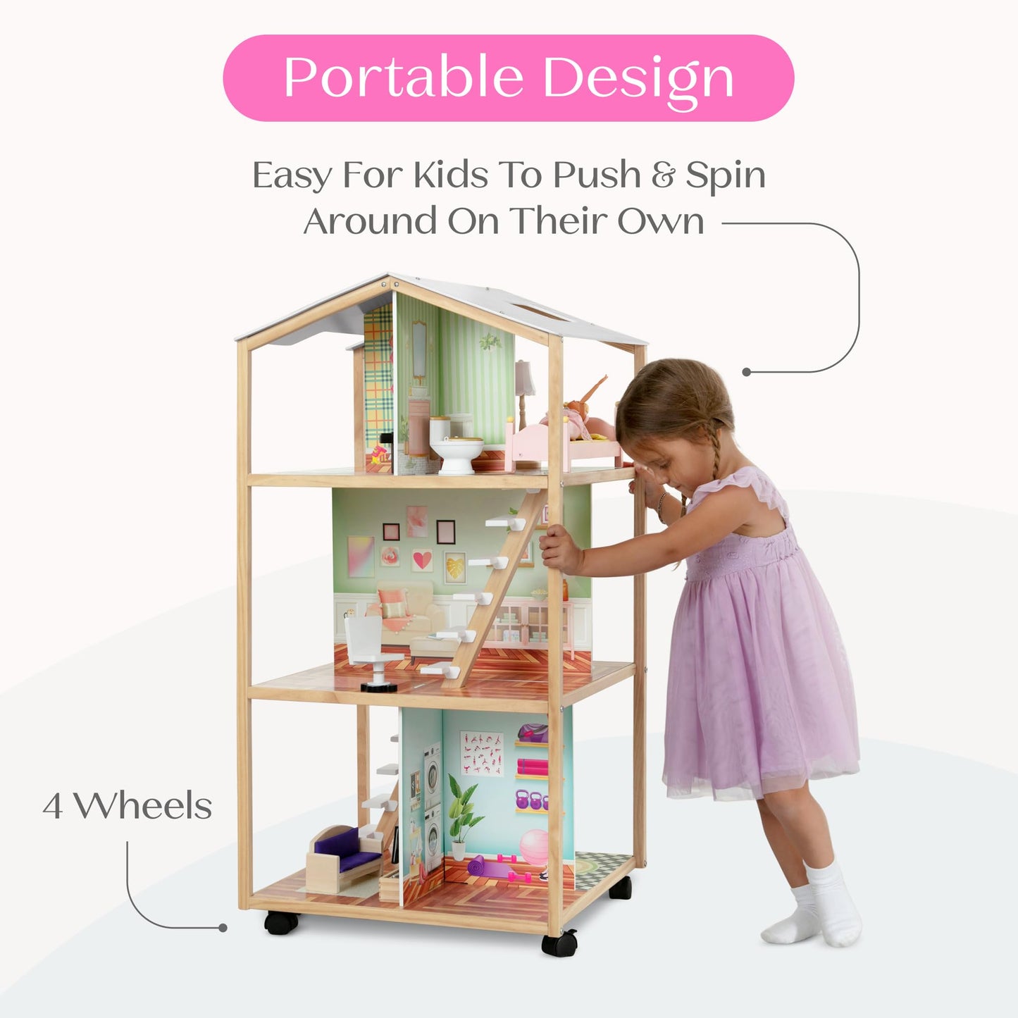 Delta Children Moveable Mansion Dollhouse - 360-Degree Play Dollhouse with Wheeled Base - Includes 16 Accessories - Fits 12-inch Dolls - Pretend Play