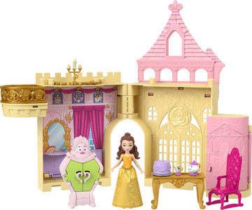 Mattel Disney Princess Belle Stackable Castle Doll House with Small Belle Doll, 4 Character Friends & 3 Accessories, Portable with Handle